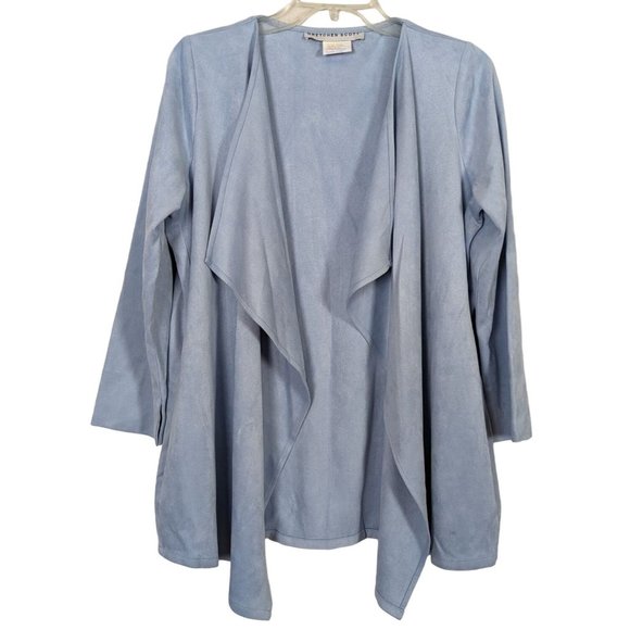 Gretchen Scott long sleeve blue faux‎ suede waterfall open cardigan S - Picture 1 of 7